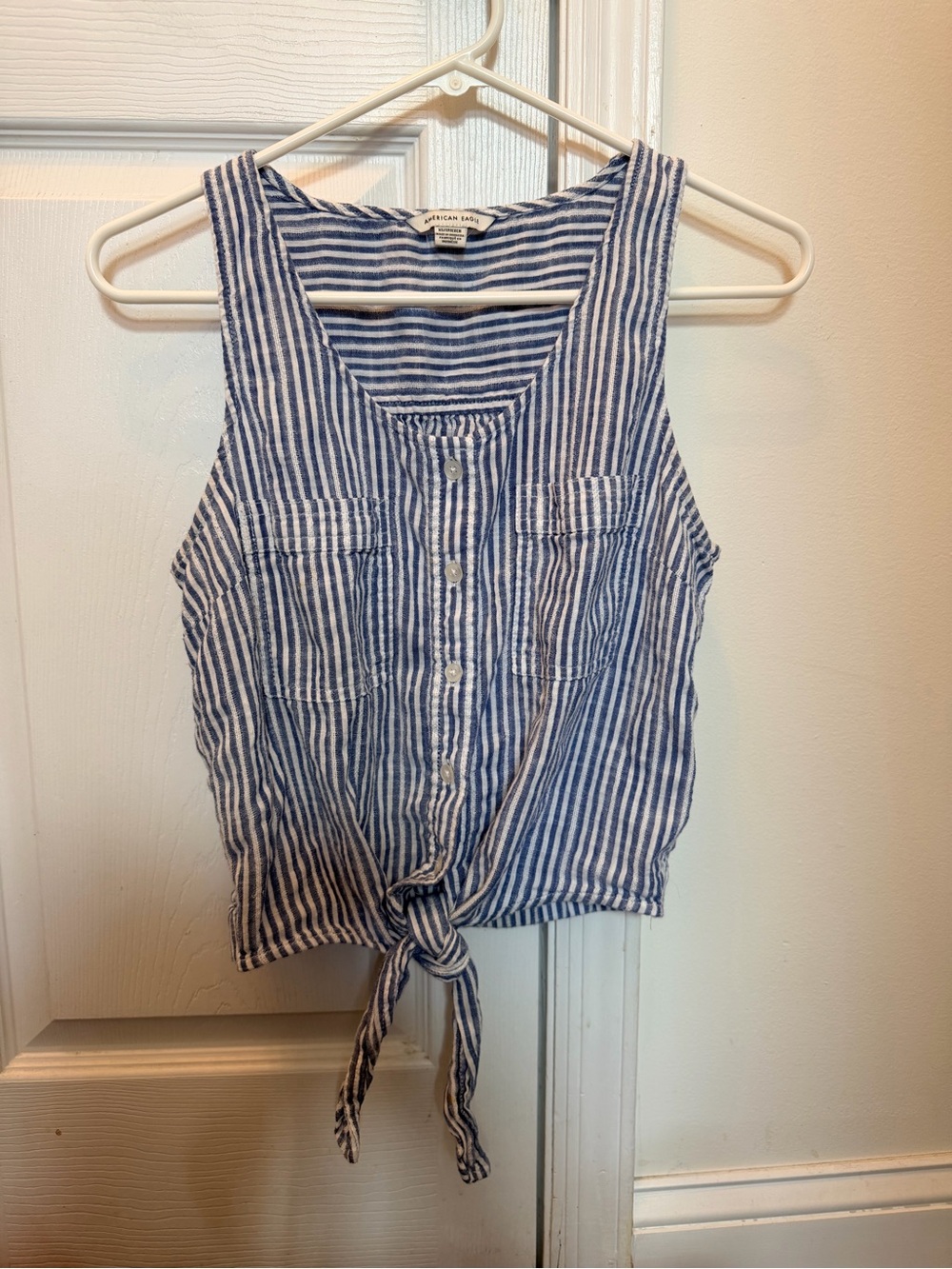 American Eagle blue and white striped tie tank